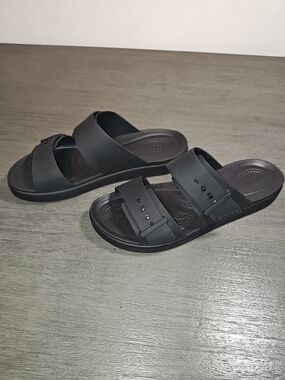 Lightride Crocs Woman's Black Dual-Strap Slide Sandals,Low Wedge,In Size 9